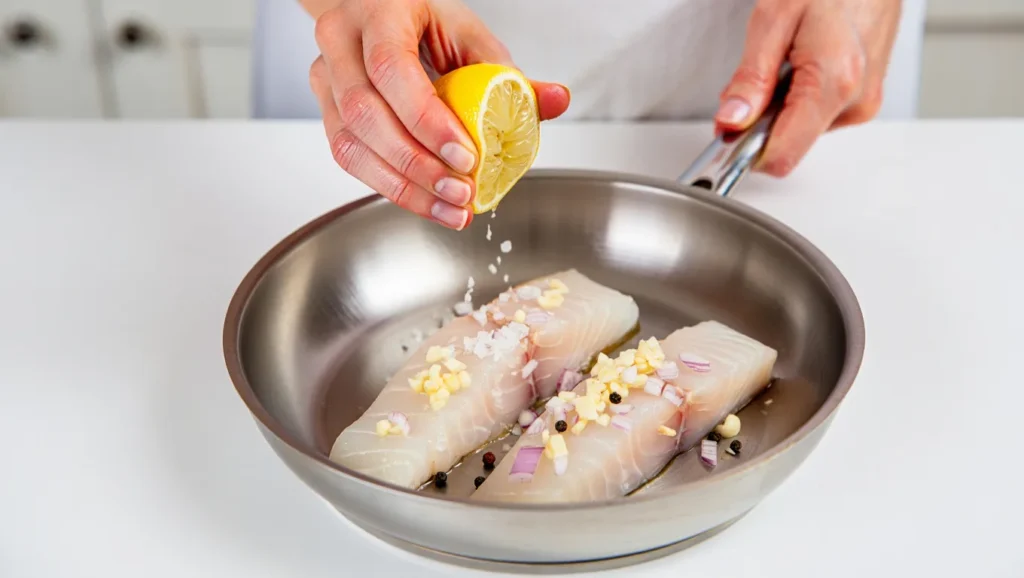 Congre Poêlé : Simple et Savoureuse 5 Congre poêlé doré à souhait, servi dans une assiette blanche avec une garniture de citron frais et herbes aromatiques (persil ou ciboulette). Accompagné d’une purée de légumes ou de riz basmati. Arrière-plan minimaliste avec lumière naturelle douce pour un effet appétissant et élégant.