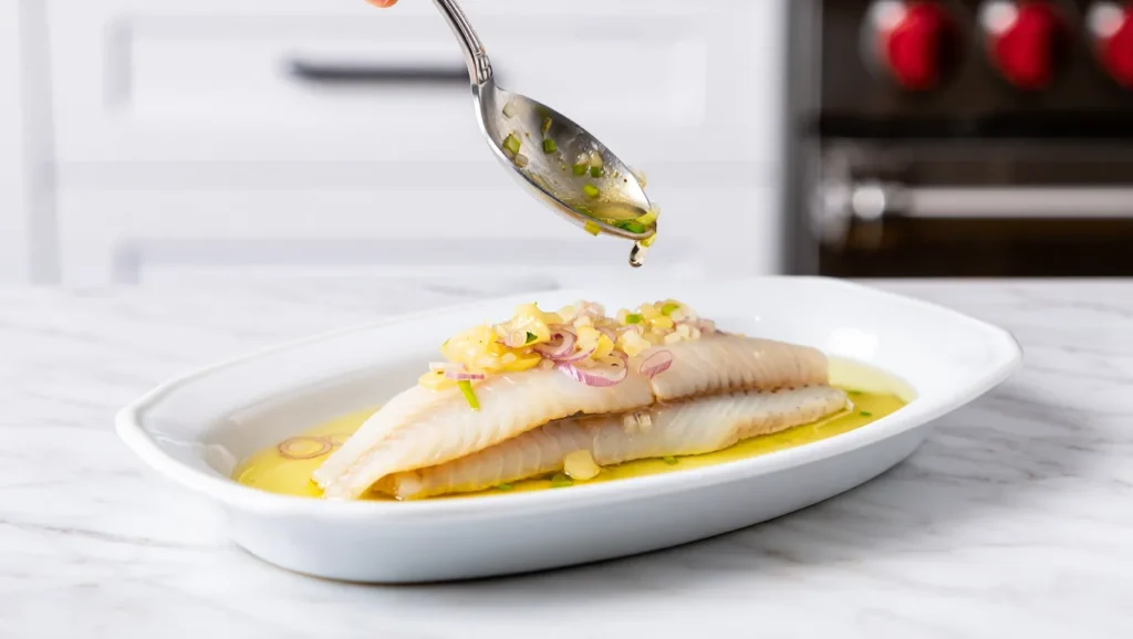 Congre Poêlé : Simple et Savoureuse 6 Congre poêlé doré à souhait, servi dans une assiette blanche avec une garniture de citron frais et herbes aromatiques (persil ou ciboulette). Accompagné d’une purée de légumes ou de riz basmati. Arrière-plan minimaliste avec lumière naturelle douce pour un effet appétissant et élégant.