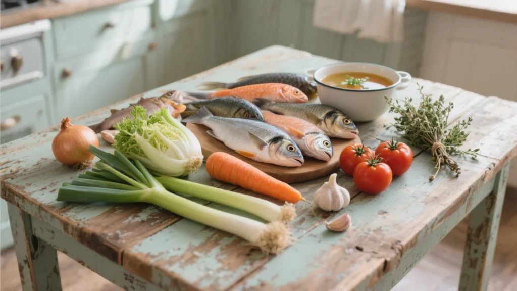 Soupe de Poisson Maison 2 Assiette de soupe de poisson orangée avec croûtons, accompagnée de baguette et de sauce rouille sur une table en bois