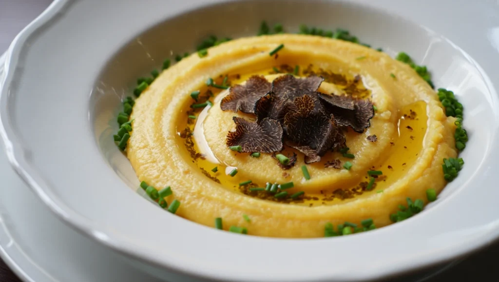 Polenta crémeuse : recette italienne 5 Polenta crémeuse dorée et onctueuse, servie dans un bol rustique ou une assiette creuse, garnie de parmesan fraîchement râpé et d’un filet d’huile d’olive. Accompagnée de légumes grillés colorés ou d’une sauce aux champignons pour un contraste élégant. Arrière-plan épuré avec lumière naturelle douce pour un effet appétissant et chaleureux.