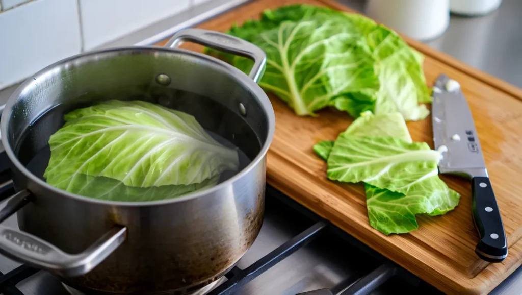 Chou Farci : La Recette Traditionnelle 2 Un plat traditionnel de chou farci, composé de feuilles de chou vert farcies d’un mélange savoureux de viande hachée, riz, oignons et herbes. Les rouleaux de chou sont disposés dans une cocotte en fonte ou un plat familial, mijotant dans une sauce tomate riche accompagnée de carottes, céleri et laurier. Garni de persil frais, ce plat réconfortant est parfait pour les repas familiaux.