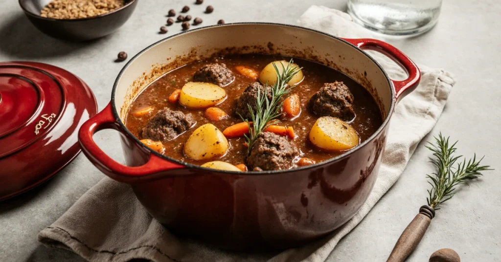 Paleron de Bœuf à Braiser 6 Recette paleron de bœuf braisé servi dans une cocotte rouge, avec pommes de terre, carottes et sauce onctueuse