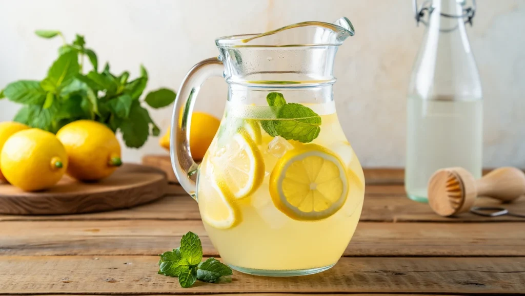 Limonade Classique Maison 6 Limonade maison fraîche servie dans un pichet en verre avec des tranches de citron, des feuilles de menthe et des glaçons. Arrière-plan : citrons, menthe fraîche, bouteille d’eau pétillante et presse-citron en bois sur une table en bois clair. Recette estivale légère, sans alcool, faible en calories.