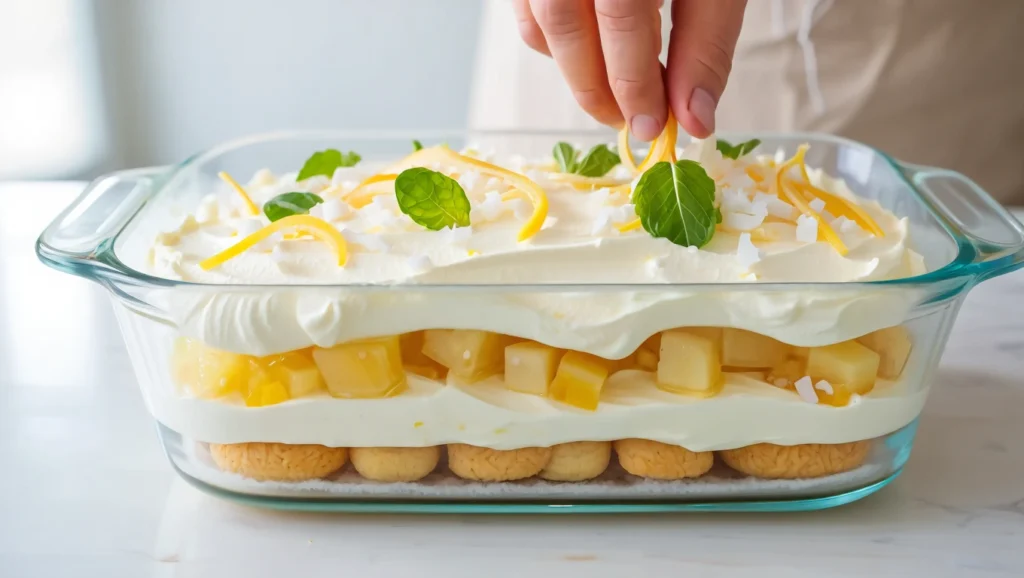 Tiramisù à l’Ananas 4 Tiramisu ananas frais, un dessert léger et acidulé parfait pour l’été. Composé de couches alternées de boudoirs imbibés d’un sirop citronné, de crème mascarpone onctueuse et de dés d’ananas juteux. Présenté dans des verrines ou un plat familial, décoré de zestes de citron, de feuilles de menthe fraîche et de copeaux de noix de coco pour une touche exotique. Éclairage doux mettant en valeur les textures crémeuses et les couleurs vibrantes.