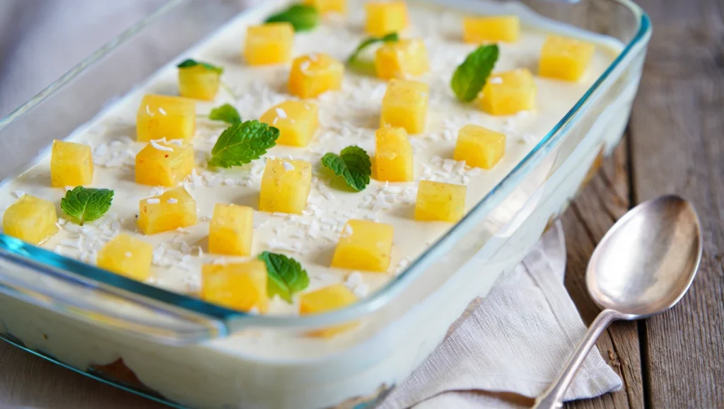 Tiramisù à l’Ananas 5 Tiramisu ananas frais, un dessert léger et acidulé parfait pour l’été. Composé de couches alternées de boudoirs imbibés d’un sirop citronné, de crème mascarpone onctueuse et de dés d’ananas juteux. Présenté dans des verrines ou un plat familial, décoré de zestes de citron, de feuilles de menthe fraîche et de copeaux de noix de coco pour une touche exotique. Éclairage doux mettant en valeur les textures crémeuses et les couleurs vibrantes.