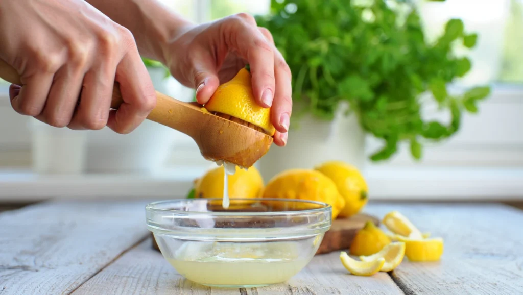 Limonade Classique Maison 2 limonade classique maison fraîche servie dans un pichet en verre avec des tranches de citron, des feuilles de menthe et des glaçons. Arrière-plan : citrons, menthe fraîche, bouteille d’eau pétillante et presse-citron en bois sur une table en bois clair. Recette estivale légère, sans alcool, faible en calories.