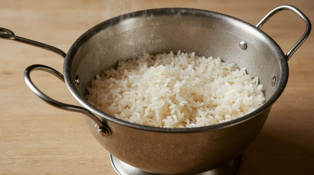 Riz cantonais : recette facile, rapide 3 Un plat appétissant de riz cantonais, composé de grains de riz blanc parfaitement séparés, mélangés avec des petits pois verts vifs, des morceaux de jambon rose tendre, et des œufs brouillés crémeux. Garni de cébettes ciselées fraîches et accompagné d’une sauce soja légèrement versée sur le dessus. Servi chaud dans une assiette blanche ou un bol traditionnel, ce plat est décoré pour un contraste visuel saisissant entre les couleurs et textures.