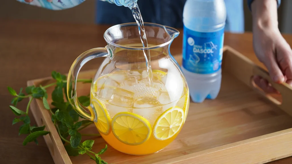 Limonade Classique Maison 4 Limonade maison fraîche servie dans un pichet en verre avec des tranches de citron, des feuilles de menthe et des glaçons. Arrière-plan : citrons, menthe fraîche, bouteille d’eau pétillante et presse-citron en bois sur une table en bois clair. Recette estivale légère, sans alcool, faible en calories.