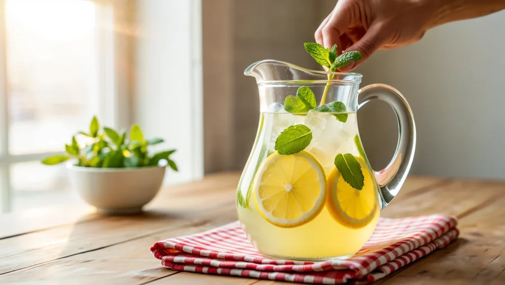 Limonade Classique Maison 5 Limonade maison fraîche servie dans un pichet en verre avec des tranches de citron, des feuilles de menthe et des glaçons. Arrière-plan : citrons, menthe fraîche, bouteille d’eau pétillante et presse-citron en bois sur une table en bois clair. Recette estivale légère, sans alcool, faible en calories.