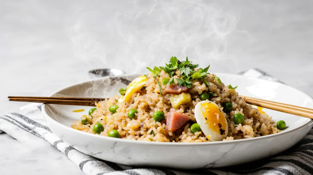 Riz cantonais : recette facile, rapide 7 Un plat appétissant de riz cantonais, composé de grains de riz blanc parfaitement séparés, mélangés avec des petits pois verts vifs, des morceaux de jambon rose tendre, et des œufs brouillés crémeux. Garni de cébettes ciselées fraîches et accompagné d’une sauce soja légèrement versée sur le dessus. Servi chaud dans une assiette blanche ou un bol traditionnel, ce plat est décoré pour un contraste visuel saisissant entre les couleurs et textures.