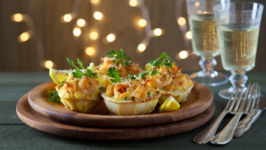 Coquilles Saint-Jacques gratinées (les meilleures) 4 Coquilles Saint-Jacques gratinées maison, pétoncles fondants nappés d’une sauce crémeuse aux échalotes et gratinés avec une purée dorée