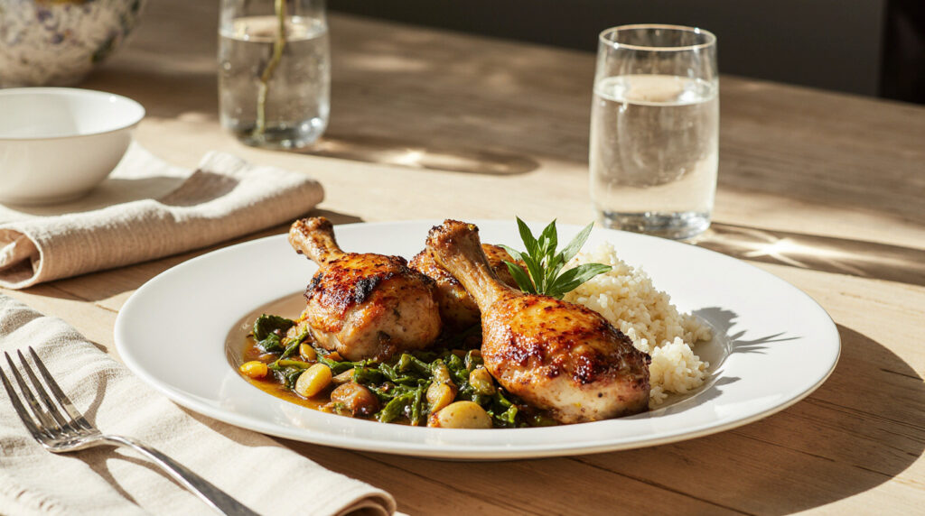 Pilons de Poulet au Paprika et Curcuma 6 Pilons de poulet rôtis au paprika fumé et curcuma, servis dans une poêle ou sur assiette, peau croustillante et dorée, accompagnements variés, scène de cuisine maison chaleureuse, style culinaire éditorial.
