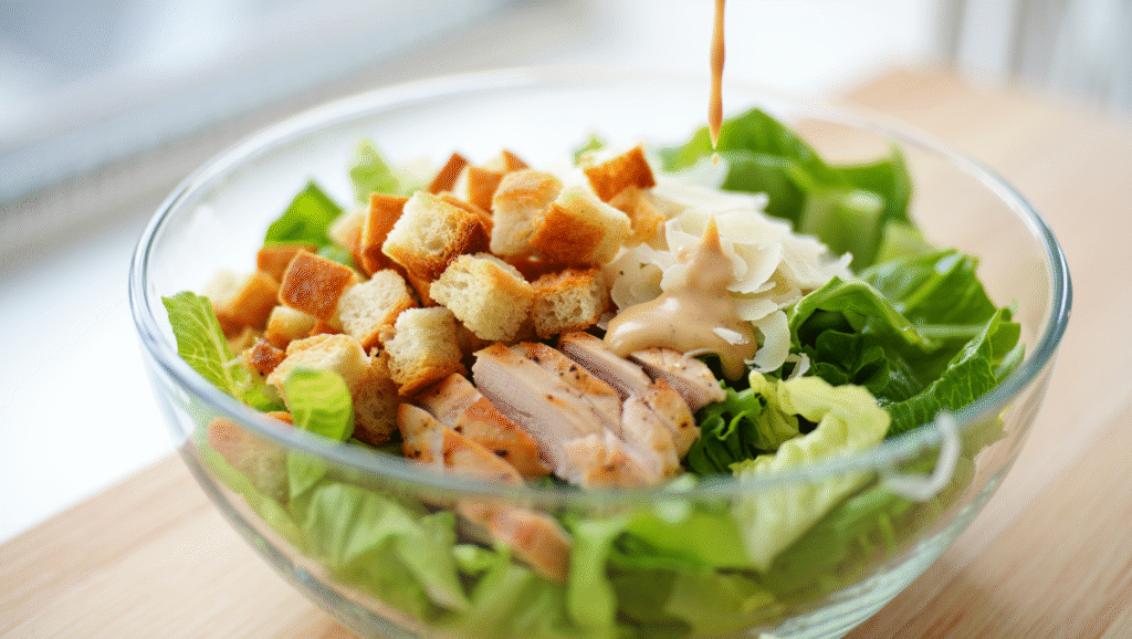 Meilleure Salade César Facile 7 Une salade César fraîche et appétissante, composée de feuilles de laitue romaine croquantes, de morceaux de poulet grillé dorés, de croûtons maison croustillants et de copeaux de parmesan frais. Une sauce César crémeuse est délicatement drizzle sur le dessus, mettant en valeur les textures et les couleurs vibrantes. Servie dans un bol en bois ou une assiette élégante, cette recette facile et rapide est parfaite pour un repas léger et gourmand.