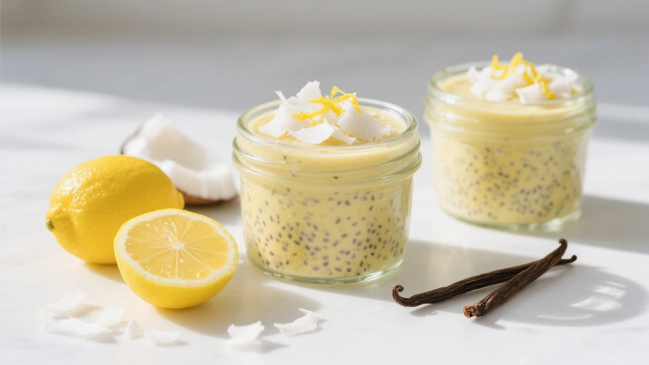 Pudding au chia au citron crémeux dans un verre transparent, garni de zestes de citron et de feuilles de menthe fraîche, posé sur une table en bois clair avec quelques graines de chia éparpillées autour.