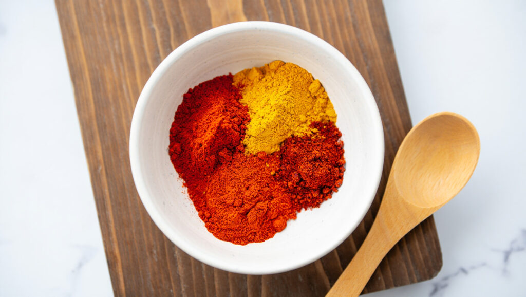 Pilons de Poulet au Paprika et Curcuma 2 Pilons de poulet rôtis au paprika fumé et curcuma, servis dans une poêle ou sur assiette, peau croustillante et dorée, accompagnements variés, scène de cuisine maison chaleureuse, style culinaire éditorial.