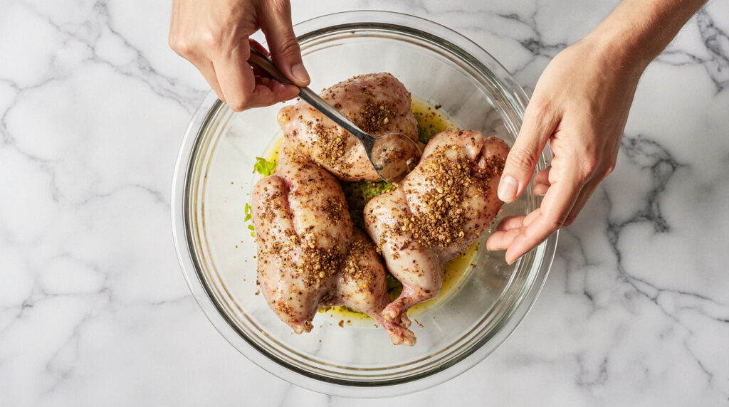 Pilons de Poulet au Paprika et Curcuma 3 Pilons de poulet rôtis au paprika fumé et curcuma, servis dans une poêle ou sur assiette, peau croustillante et dorée, accompagnements variés, scène de cuisine maison chaleureuse, style culinaire éditorial.