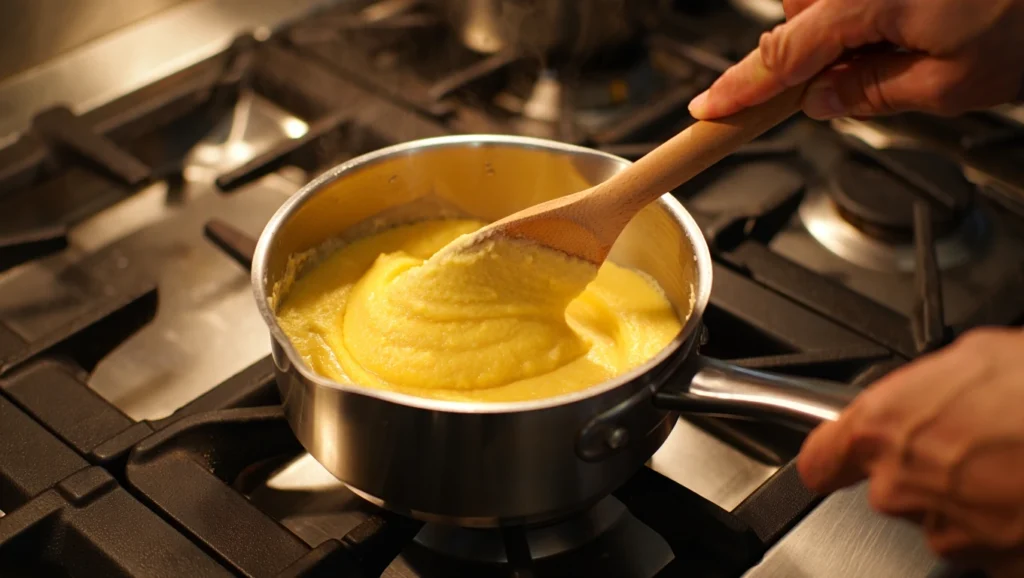 Polenta crémeuse : recette italienne 6 Polenta crémeuse dorée et onctueuse, servie dans un bol rustique ou une assiette creuse, garnie de parmesan fraîchement râpé et d’un filet d’huile d’olive. Accompagnée de légumes grillés colorés ou d’une sauce aux champignons pour un contraste élégant. Arrière-plan épuré avec lumière naturelle douce pour un effet appétissant et chaleureux.