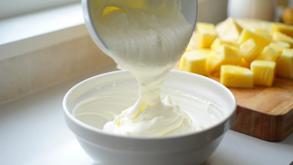 Tiramisù à l’Ananas 3 Tiramisu ananas frais, un dessert léger et acidulé parfait pour l’été. Composé de couches alternées de boudoirs imbibés d’un sirop citronné, de crème mascarpone onctueuse et de dés d’ananas juteux. Présenté dans des verrines ou un plat familial, décoré de zestes de citron, de feuilles de menthe fraîche et de copeaux de noix de coco pour une touche exotique. Éclairage doux mettant en valeur les textures crémeuses et les couleurs vibrantes.