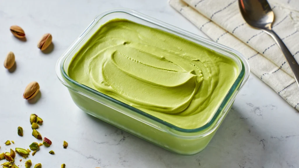 Recette Glace Pistache Maison 6 Glace pistache maison crémeuse, réalisée sans colorant, à base de crème anglaise et pâte de pistache pure. Étapes illustrées : préparation de la crème, maturation, turbinage, service élégant. Texture onctueuse, couleur verte naturelle, visuels doux et gourmands.
