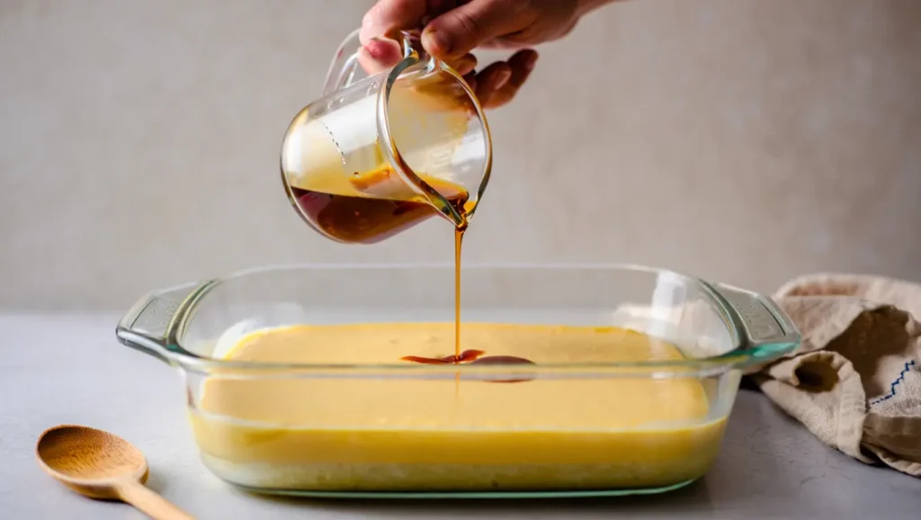 Pouding Chômeur à l’Érable 4 Pouding chômeur maison au sirop d’érable, gâteau doré et moelleux avec sauce fondante, présenté dans un plat carré, ambiance rustique et chaleureuse.