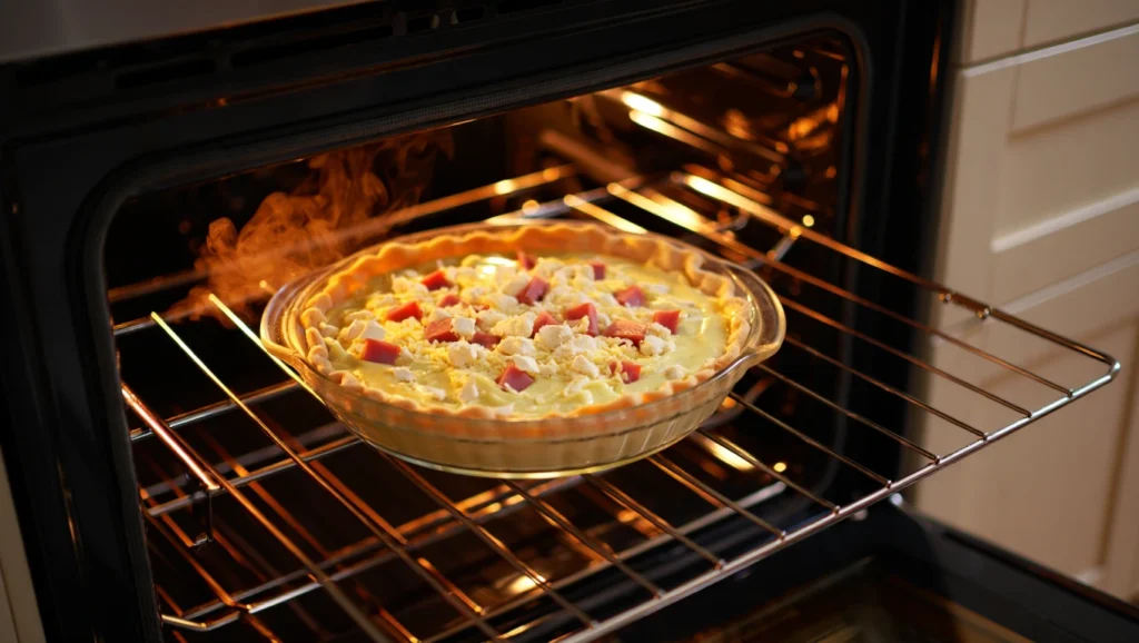 Quiche sans pâte 4 Quiche sans pâte dorée et appétissante, servie dans un plat à tarte rond. Garnie de lardons de dinde, de fromage fondu et parsemée de persil frais. Accompagnée d’une salade verte légère sur un côté. Arrière-plan rustique avec nappe en lin et lumière naturelle douce.