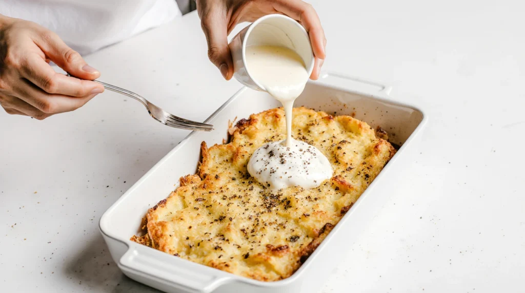 Gratin de Pommes de Terre au Figatellu 3 Gratin de Figatellu corse doré au four, avec des tranches de figatellu croustillantes, pommes de terre fondantes et oignons caramélisés dans un plat rustique en céramique.