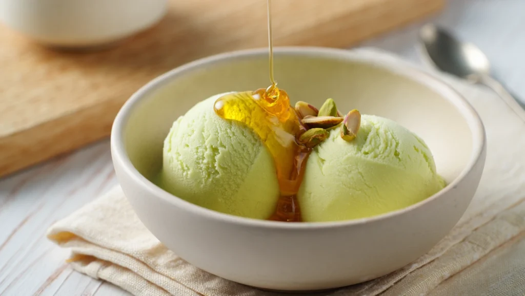 Recette Glace Pistache Maison 5 Glace pistache maison crémeuse, réalisée sans colorant, à base de crème anglaise et pâte de pistache pure. Étapes illustrées : préparation de la crème, maturation, turbinage, service élégant. Texture onctueuse, couleur verte naturelle, visuels doux et gourmands.