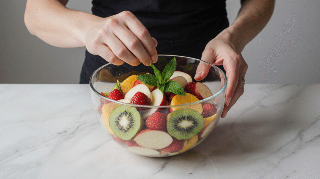 Salade de Fruits 4 Salade de fruits colorée servie dans un grand bol en verre avec morceaux de fraise, kiwi, ananas et raisin