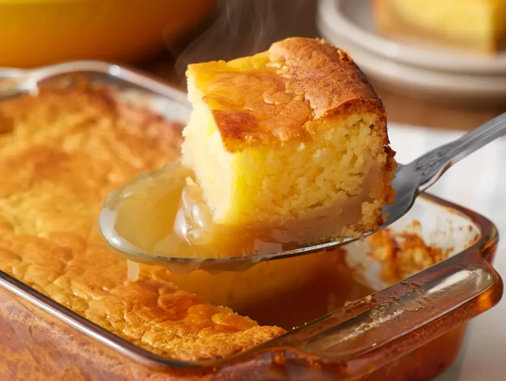 Pouding Chômeur à l’Érable 5 Pouding chômeur maison au sirop d’érable, gâteau doré et moelleux avec sauce fondante, présenté dans un plat carré, ambiance rustique et chaleureuse.