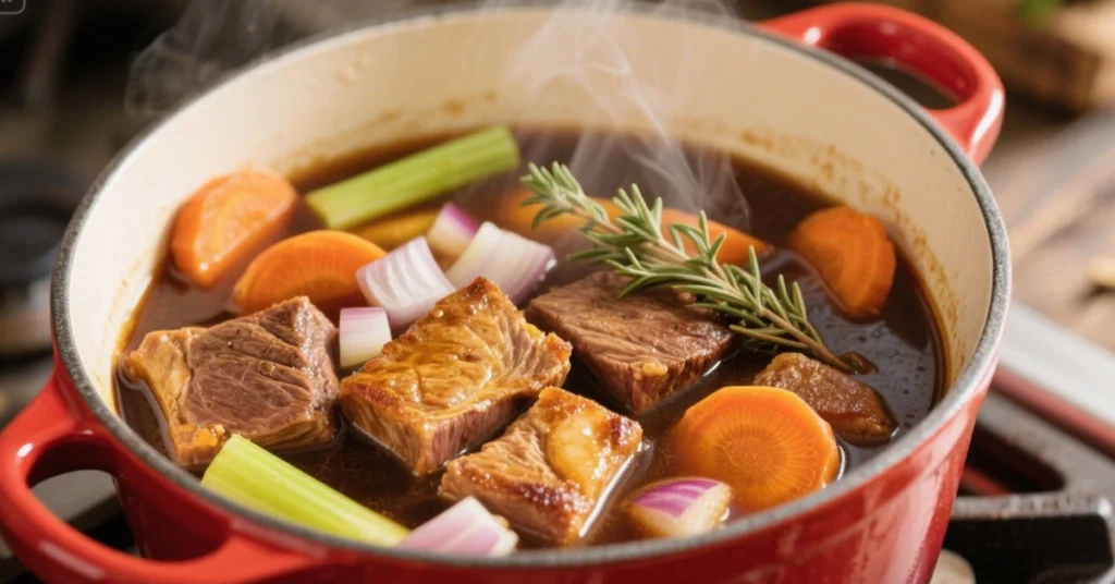 Paleron de Bœuf à Braiser 5 Recette paleron de bœuf braisé servi dans une cocotte rouge, avec pommes de terre, carottes et sauce onctueuse