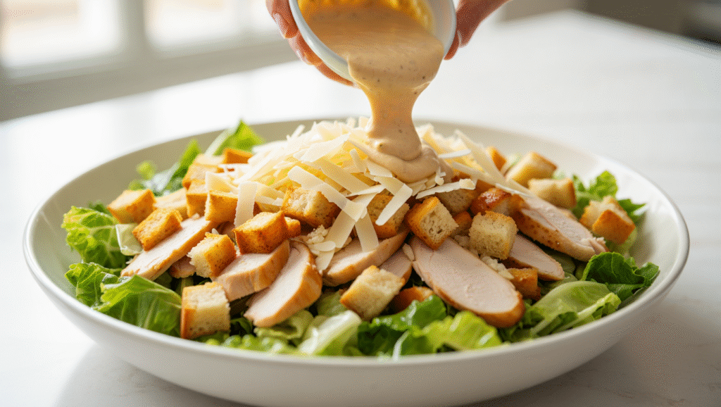 Meilleure Salade César Facile 6 Une salade César fraîche et appétissante, composée de feuilles de laitue romaine croquantes, de morceaux de poulet grillé dorés, de croûtons maison croustillants et de copeaux de parmesan frais. Une sauce César crémeuse est délicatement drizzle sur le dessus, mettant en valeur les textures et les couleurs vibrantes. Servie dans un bol en bois ou une assiette élégante, cette recette facile et rapide est parfaite pour un repas léger et gourmand.