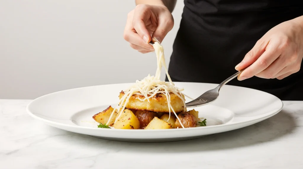 Gratin de Pommes de Terre au Figatellu 4 Gratin de Figatellu corse doré au four, avec des tranches de figatellu croustillantes, pommes de terre fondantes et oignons caramélisés dans un plat rustique en céramique.