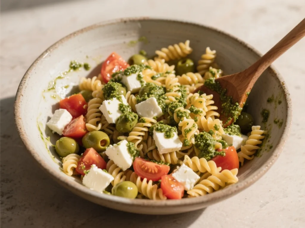 Recette Salade de Pâtes Italienne 4 Salade de pâtes italienne colorée servie dans un grand bol blanc avec tomates cerises, mozzarella, basilic et olives noires