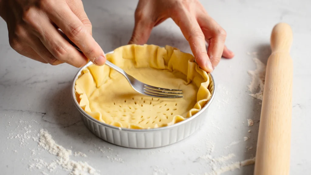 Quiche Lorraine à la Dinde 3 Quiche Lorraine à la dinde dorée et appétissante, servie sur une assiette blanche avec une salade verte légère. Garnie de persil frais et accompagnée d’un couteau en bois. Arrière-plan rustique avec nappe à carreaux rouges et blancs, ambiance chaleureuse et conviviale