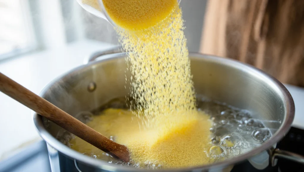 Polenta crémeuse : recette italienne 3 Polenta crémeuse dorée et onctueuse, servie dans un bol rustique ou une assiette creuse, garnie de parmesan fraîchement râpé et d’un filet d’huile d’olive. Accompagnée de légumes grillés colorés ou d’une sauce aux champignons pour un contraste élégant. Arrière-plan épuré avec lumière naturelle douce pour un effet appétissant et chaleureux.