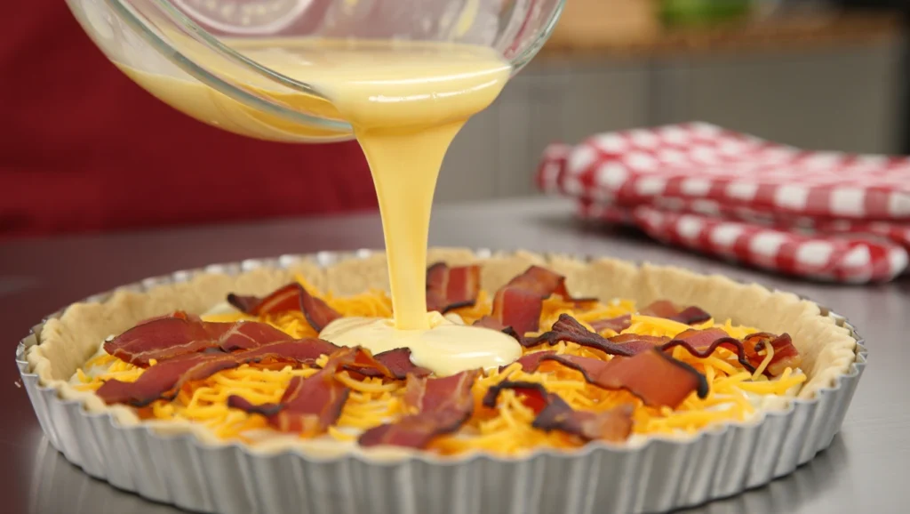 Quiche Lorraine à la Dinde 6 Quiche Lorraine à la dinde dorée et appétissante, servie sur une assiette blanche avec une salade verte légère. Garnie de persil frais et accompagnée d’un couteau en bois. Arrière-plan rustique avec nappe à carreaux rouges et blancs, ambiance chaleureuse et conviviale