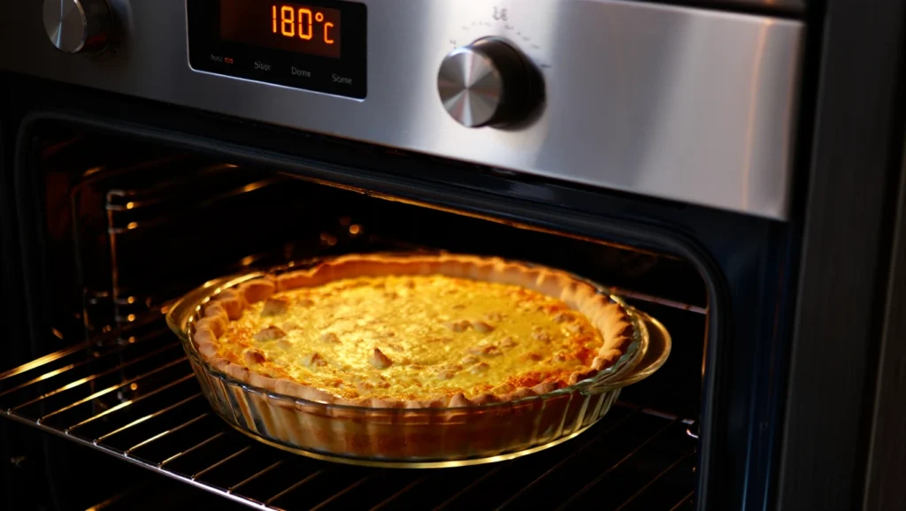 Quiche Lorraine à la Dinde 7 Quiche Lorraine à la dinde dorée et appétissante, servie sur une assiette blanche avec une salade verte légère. Garnie de persil frais et accompagnée d’un couteau en bois. Arrière-plan rustique avec nappe à carreaux rouges et blancs, ambiance chaleureuse et conviviale