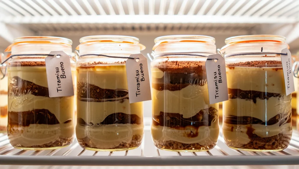Recette Tiramisu Kinder Bueno en verrines 6 Tiramisu Kinder Bueno en verrines ultra-gourmand, composé de couches alternées de crème mascarpone onctueuse, de biscuits imbibés dans un mélange chocolaté, et de morceaux croquants de Kinder Bueno. Servi dans des verrines élégantes, décoré de cacao tamisé et d'éclats de noisettes pour un contraste irrésistible entre le crémeux et le croquant. Arrière-plan épuré avec une lumière naturelle douce pour un effet visuel moderne et appétissant.