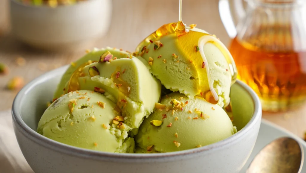 Recette Glace à la Vanille Maison (Crème Anglaise) 9 Glace pistache maison crémeuse, réalisée sans colorant, à base de crème anglaise et pâte de pistache pure. Étapes illustrées : préparation de la crème, maturation, turbinage, service élégant. Texture onctueuse, couleur verte naturelle, visuels doux et gourmands.