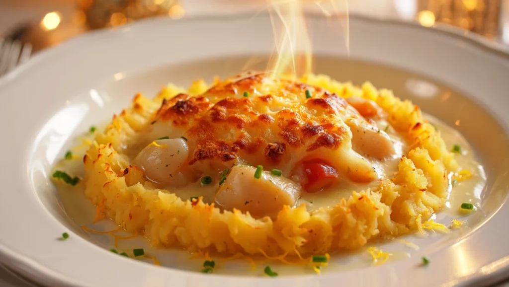 Coquilles Saint-Jacques gratinées (les meilleures) 5 Coquilles Saint-Jacques gratinées maison, pétoncles fondants nappés d’une sauce crémeuse aux échalotes et gratinés avec une purée dorée