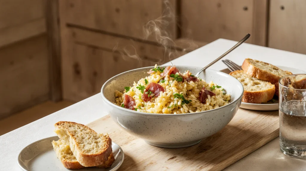 Riz cantonais : recette facile, rapide 2 Un plat appétissant de riz cantonais, composé de grains de riz blanc parfaitement séparés, mélangés avec des petits pois verts vifs, des morceaux de jambon rose tendre, et des œufs brouillés crémeux. Garni de cébettes ciselées fraîches et accompagné d’une sauce soja légèrement versée sur le dessus. Servi chaud dans une assiette blanche ou un bol traditionnel, ce plat est décoré pour un contraste visuel saisissant entre les couleurs et textures.