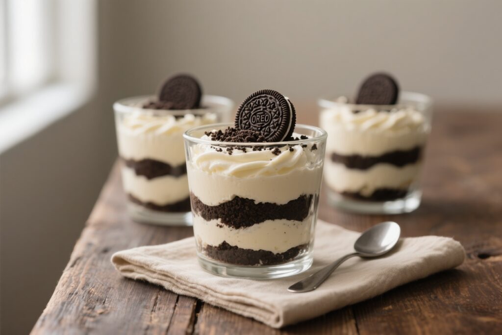 Recette Tiramisu Kinder Bueno en verrines 9 Tiramisu Kinder Bueno en verrines ultra-gourmand, composé de couches alternées de crème mascarpone onctueuse, de biscuits imbibés dans un mélange chocolaté, et de morceaux croquants de Kinder Bueno. Servi dans des verrines élégantes, décoré de cacao tamisé et d'éclats de noisettes pour un contraste irrésistible entre le crémeux et le croquant. Arrière-plan épuré avec une lumière naturelle douce pour un effet visuel moderne et appétissant.