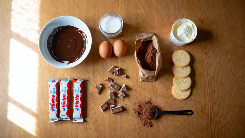 Recette Tiramisu Kinder Bueno en verrines 2 Tiramisu Kinder Bueno en verrines ultra-gourmand, composé de couches alternées de crème mascarpone onctueuse, de biscuits imbibés dans un mélange chocolaté, et de morceaux croquants de Kinder Bueno. Servi dans des verrines élégantes, décoré de cacao tamisé et d'éclats de noisettes pour un contraste irrésistible entre le crémeux et le croquant. Arrière-plan épuré avec une lumière naturelle douce pour un effet visuel moderne et appétissant.