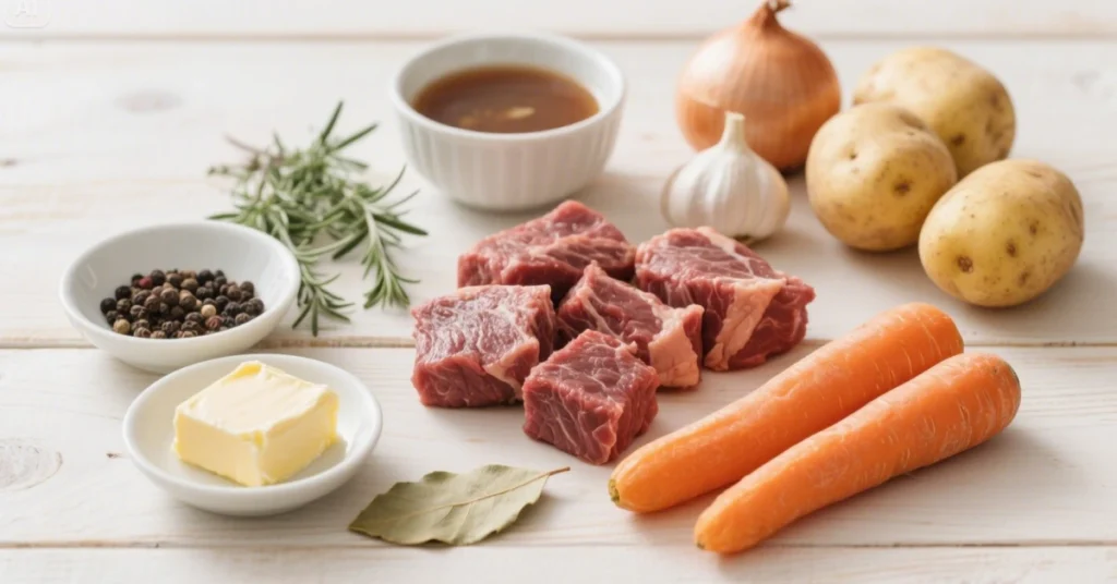 Paleron de Bœuf à Braiser 2 Recette paleron de bœuf braisé servi dans une cocotte rouge, avec pommes de terre, carottes et sauce onctueuse