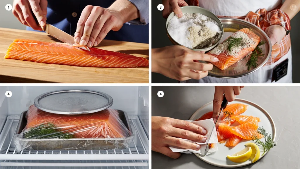 Saumon gravlax : recette facile 3 Un filet de saumon gravlax mariné, présenté sur un plat en bois rustique ou une assiette blanche. Les tranches fines de saumon sont recouvertes d’un mélange de sel, sucre et aneth frais, avec des zestes de citron pour une touche acidulée. En arrière-plan, des ingrédients comme des baies de genièvre, du poivre moulu et des brins d’aneth ajoutent une ambiance naturelle et invitante. La lumière douce met en valeur la texture soyeuse et les couleurs vibrantes du saumon.