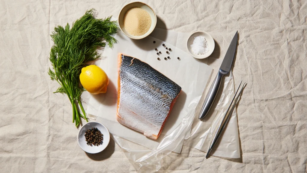 Saumon gravlax : recette facile 2 Un filet de saumon gravlax mariné, présenté sur un plat en bois rustique ou une assiette blanche. Les tranches fines de saumon sont recouvertes d’un mélange de sel, sucre et aneth frais, avec des zestes de citron pour une touche acidulée. En arrière-plan, des ingrédients comme des baies de genièvre, du poivre moulu et des brins d’aneth ajoutent une ambiance naturelle et invitante. La lumière douce met en valeur la texture soyeuse et les couleurs vibrantes du saumon.