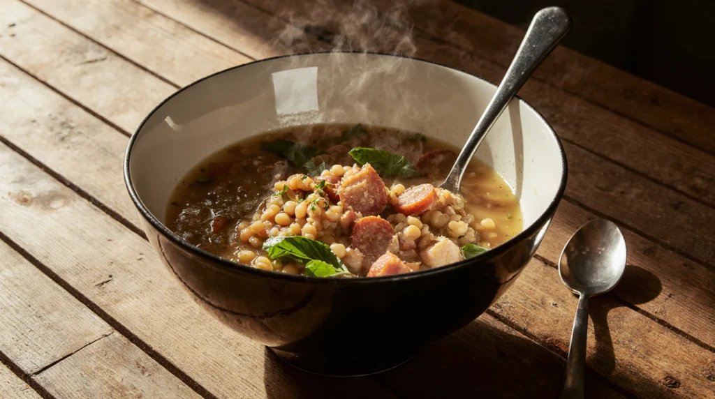 Saucisse lentilles : mijoté réconfortant, prêt en 40 minu 2 Un plat réconfortant de saucisse lentilles, composé de saucisses fumées cuites à point et de lentilles tendres mijotées dans un bouillon savoureux. Servi dans une assiette creuse ou un plat familial, le plat est garni de brins de persil frais pour une touche de couleur. Les lentilles foncées contrastent avec la texture moelleuse des saucisses dorées, évoquant une cuisine simple et gourmande parfaite pour les soirées d’hiver