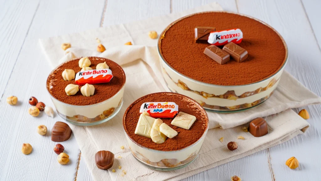 Recette Tiramisu Kinder Bueno en verrines 7 Tiramisu Kinder Bueno en verrines ultra-gourmand, composé de couches alternées de crème mascarpone onctueuse, de biscuits imbibés dans un mélange chocolaté, et de morceaux croquants de Kinder Bueno. Servi dans des verrines élégantes, décoré de cacao tamisé et d'éclats de noisettes pour un contraste irrésistible entre le crémeux et le croquant. Arrière-plan épuré avec une lumière naturelle douce pour un effet visuel moderne et appétissant.