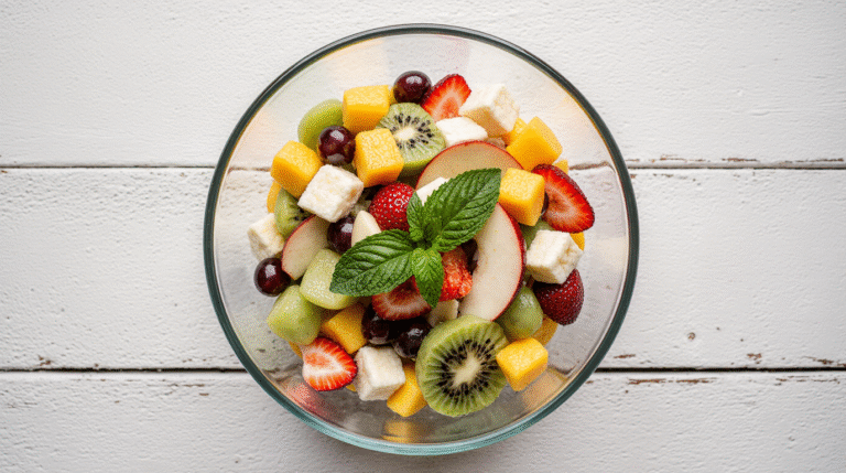 Salade de fruits colorée servie dans un grand bol en verre avec morceaux de fraise, kiwi, ananas et raisin