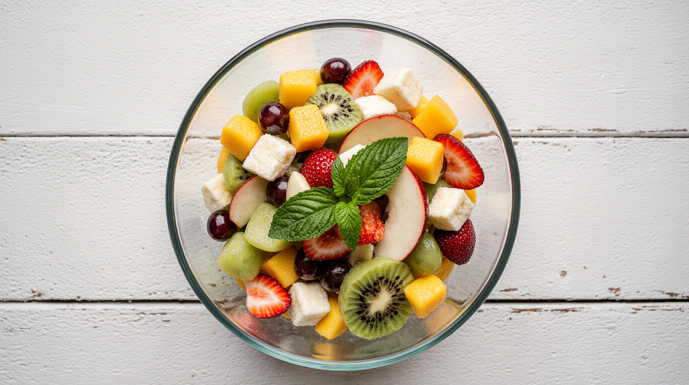 Salade de fruits colorée servie dans un grand bol en verre avec morceaux de fraise, kiwi, ananas et raisin